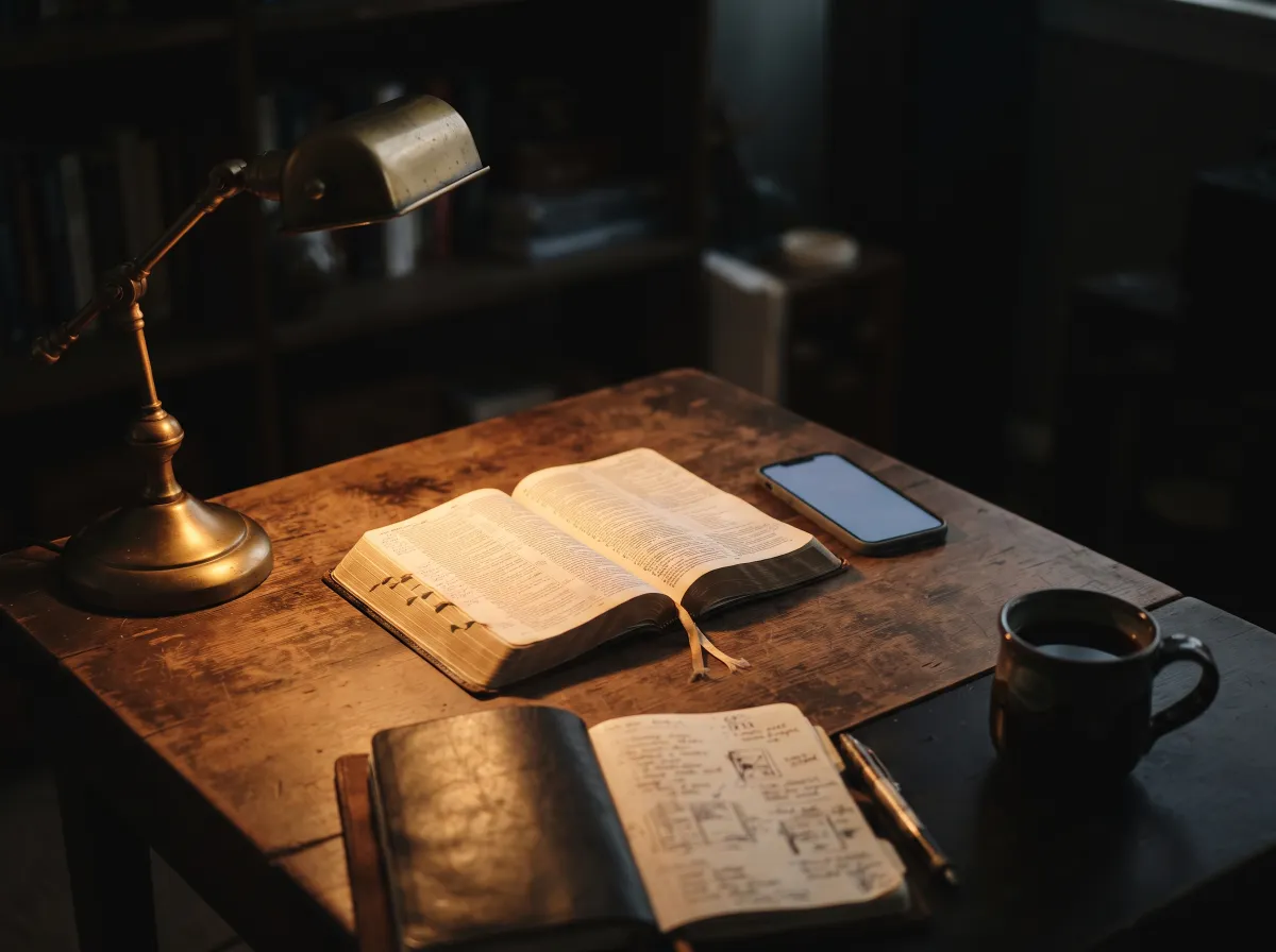 Biblia abierta y celular sobre un escritorio de noche