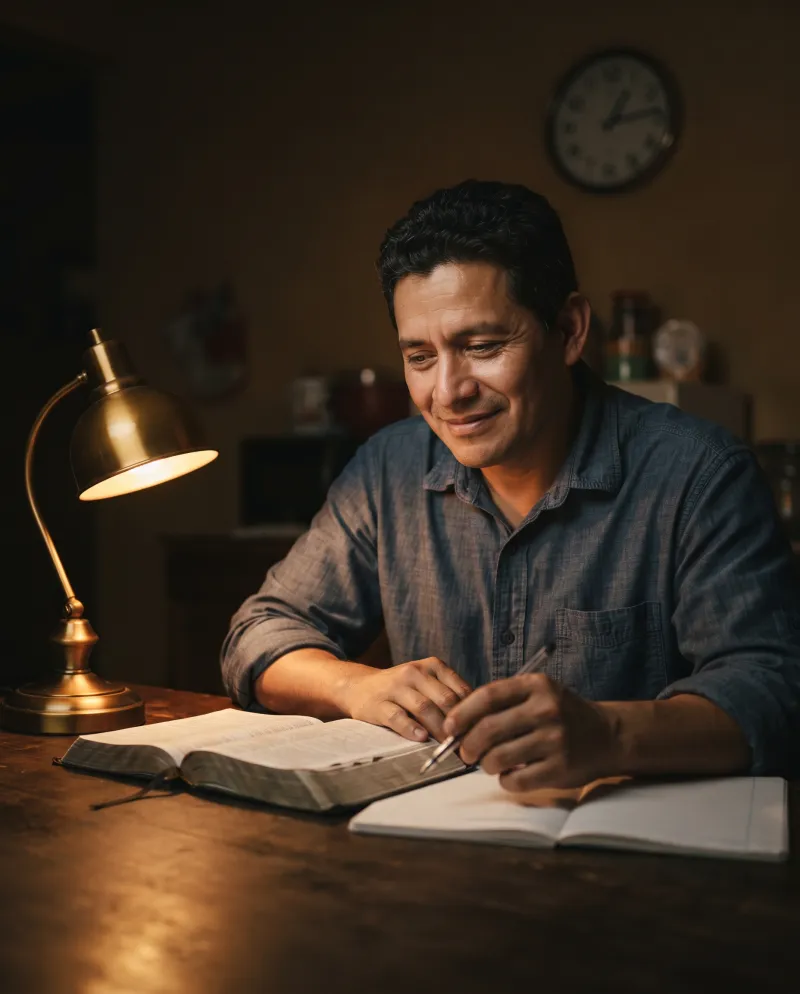 Predicador preparando su mensaje de noche con la Biblia abierta